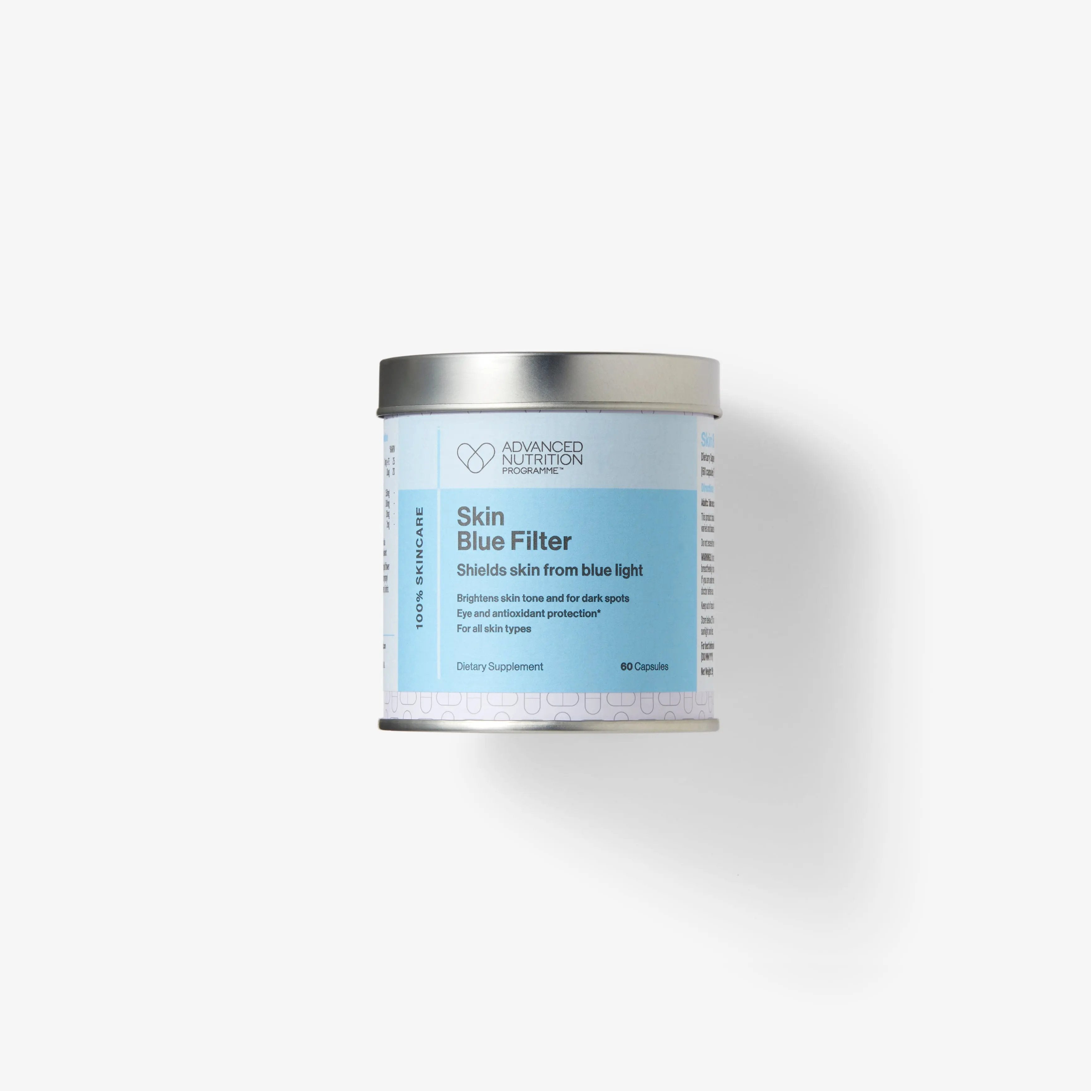 A container of Skin Blue Filter supplement powder with a label indicating it is designed to protect skin from blue light.