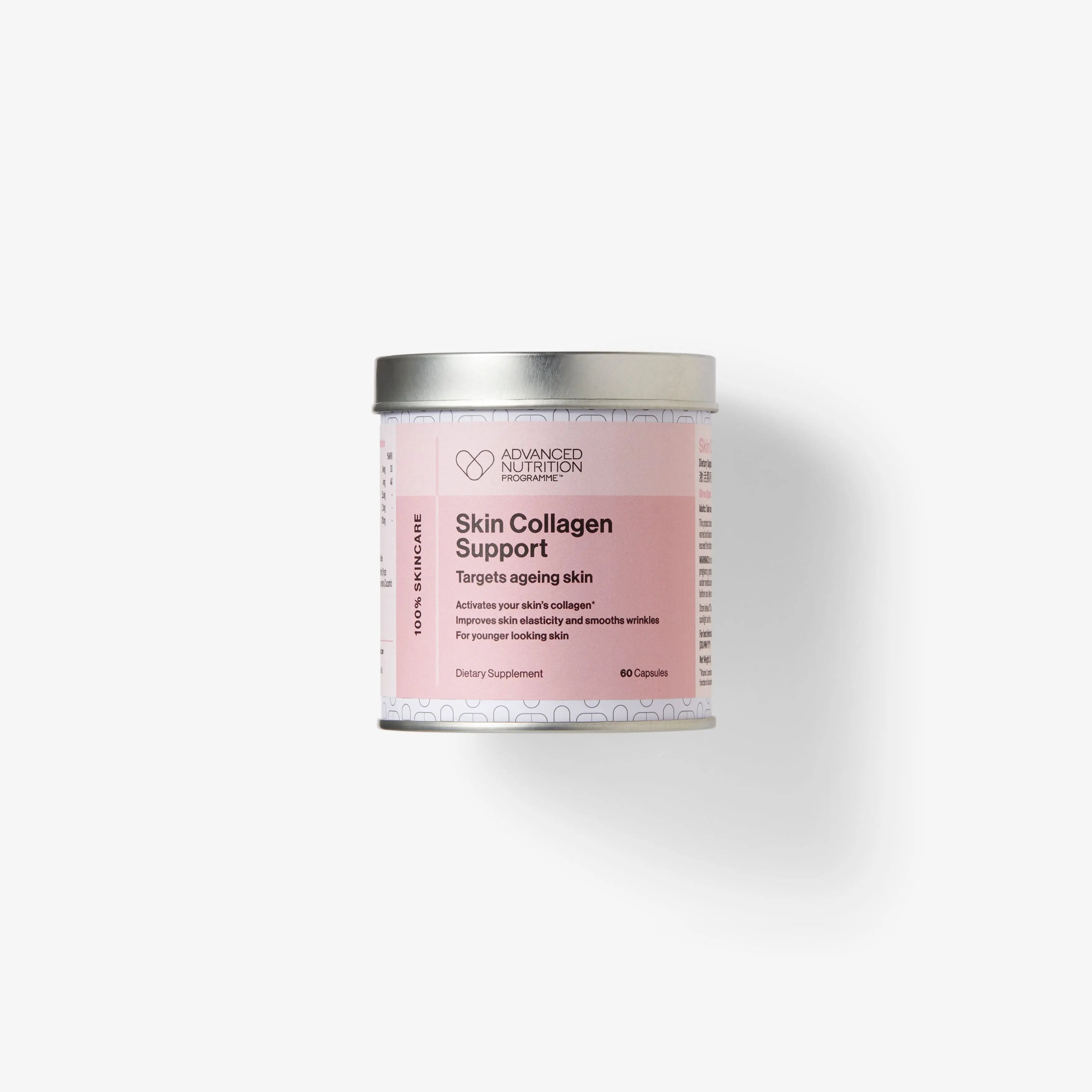 A pink container labeled 'Skin Collagen Support' by Vessel, indicating it is a supplement for supporting skin health.