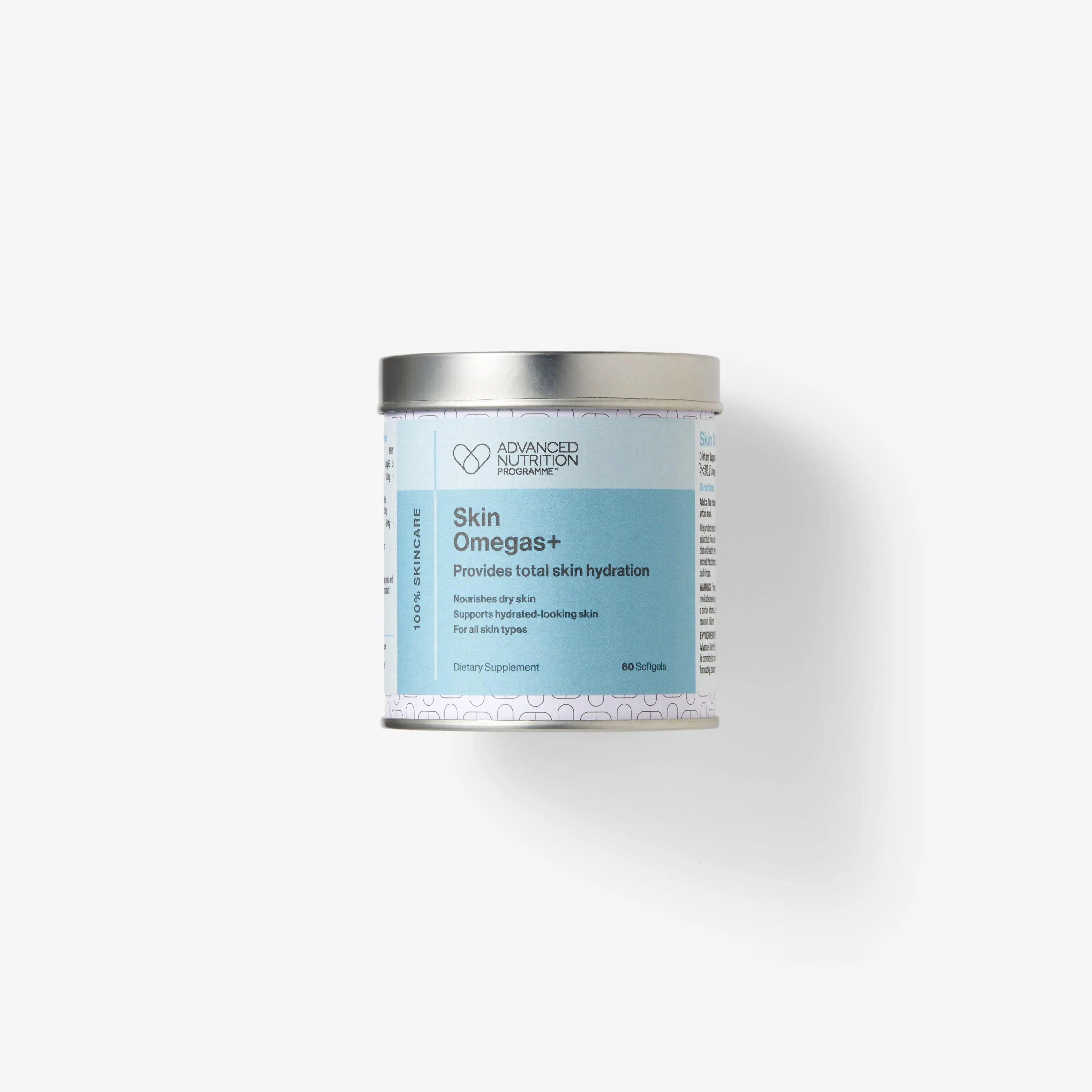 A supplement tin of Skin Omegas+ by Advanced Nutrition Programme, with a blue and white label, on a white background.