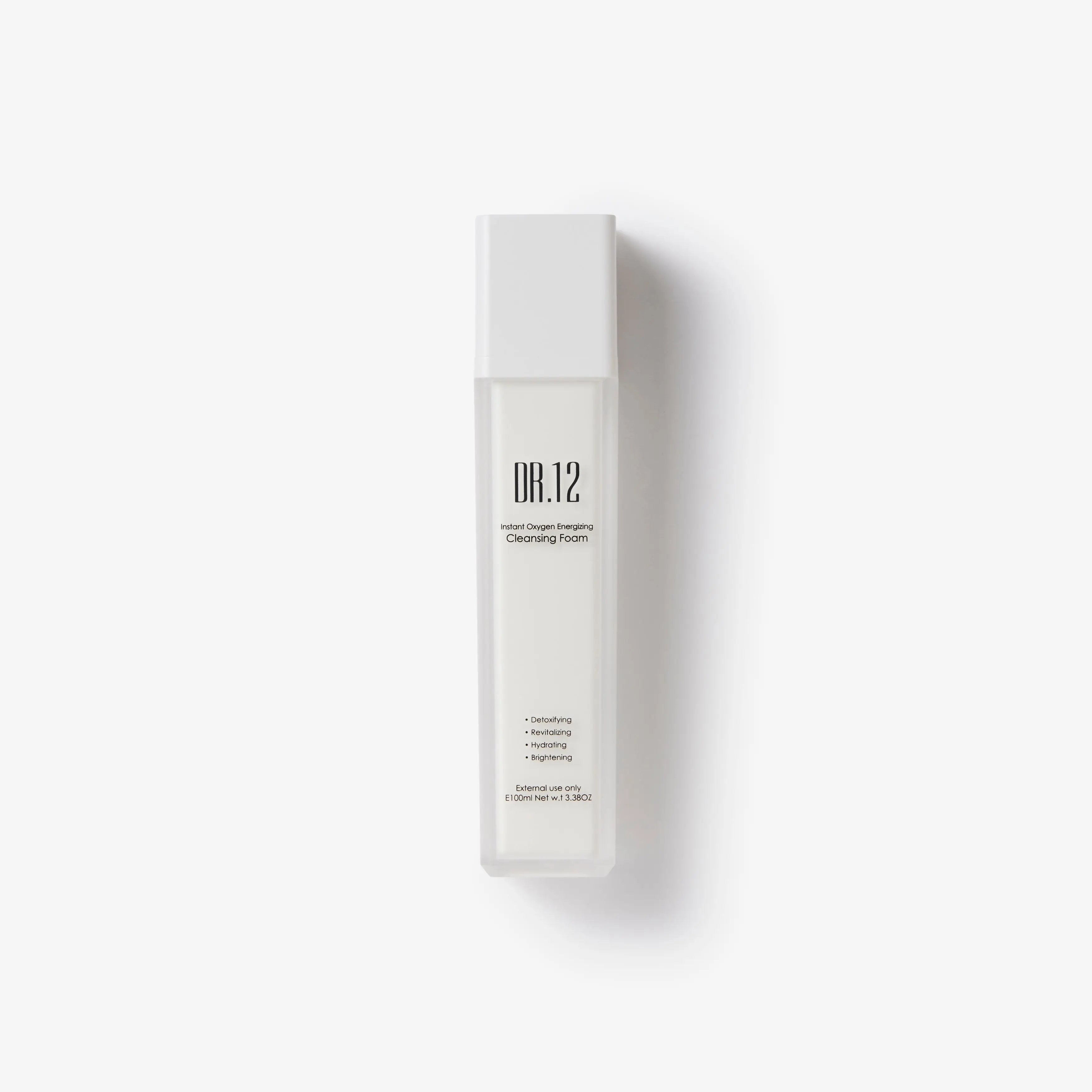 A white bottle of Dr. 12 Instant Oxygen Energizing Cleansing Foam with black text detailing the product name and benefits.