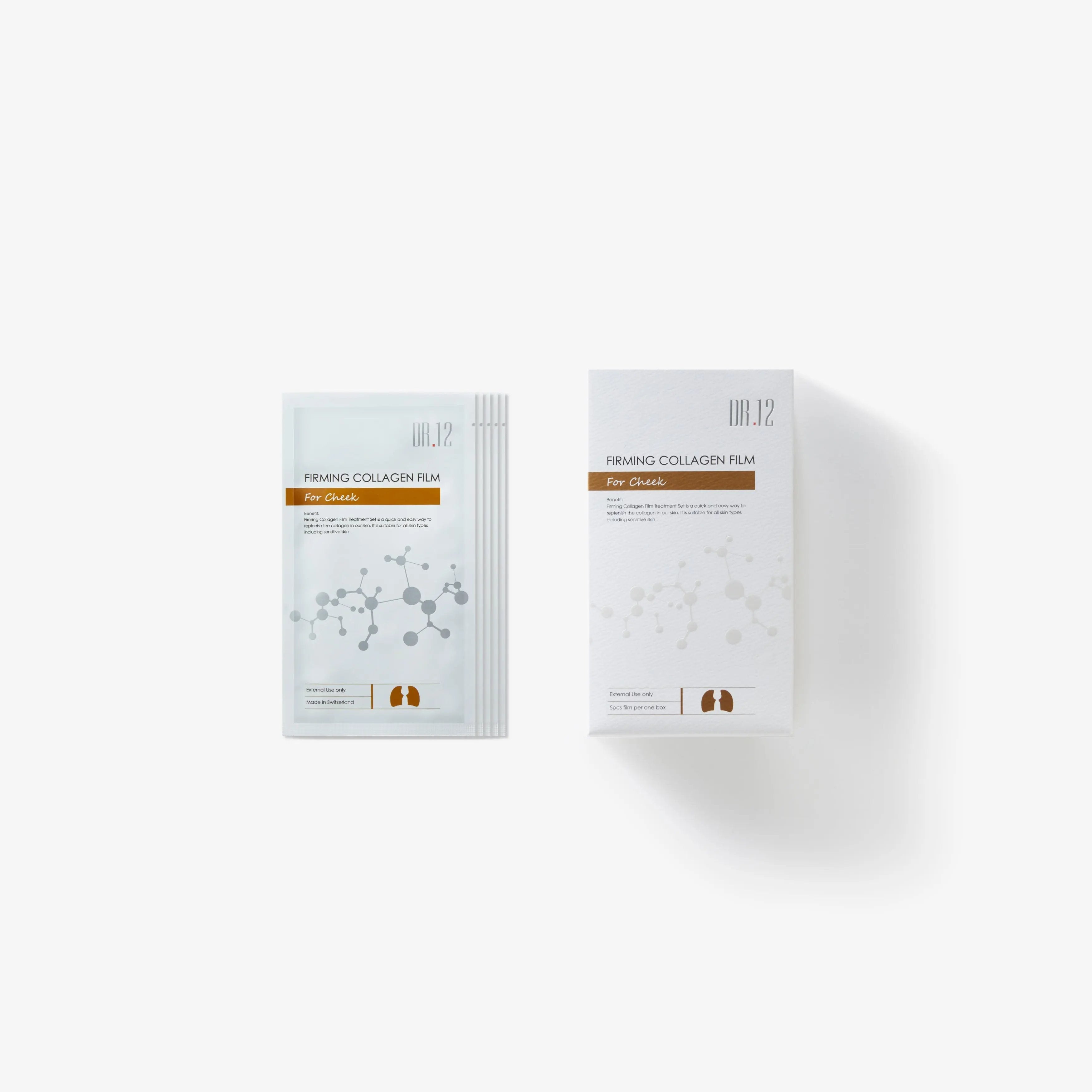 Two packaged sheet masks, one labeled for cheek firming with a molecular structure design, and the other for brightening with a floral design.