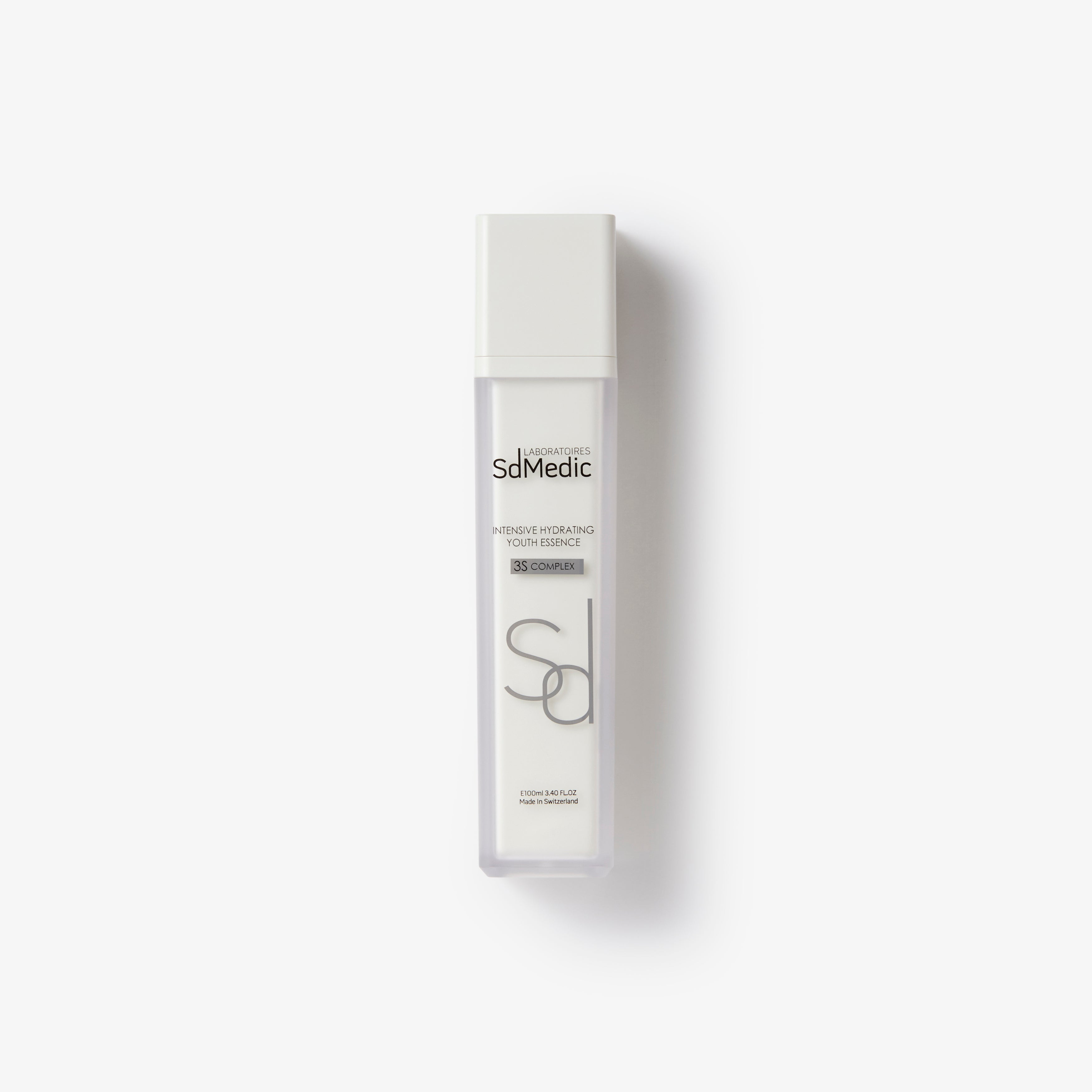 A white bottle of Intensive Hydrating Youth Essence 3S Complex with black and silver text, placed against a white background.