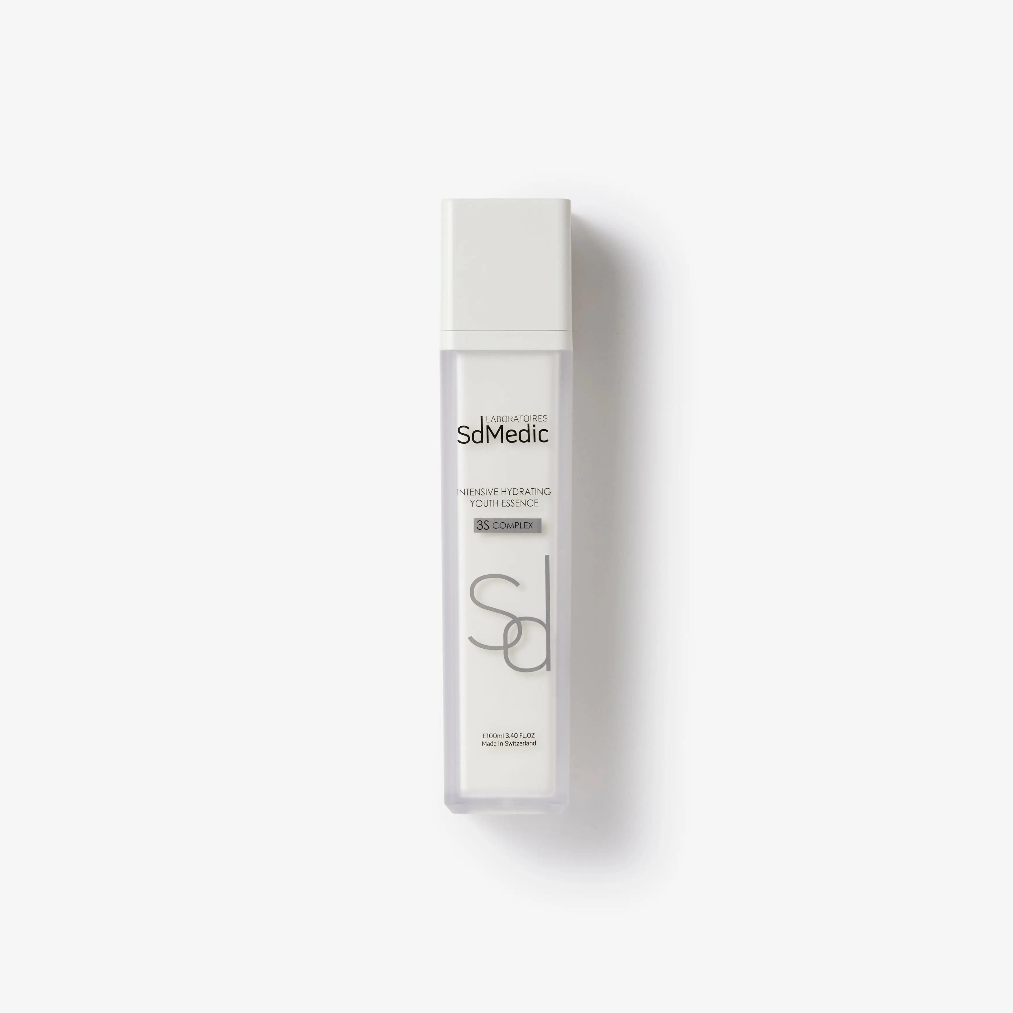 A white bottle of Intensive Hydrating Youth Essence 3S Complex with black and silver text, placed against a white background.